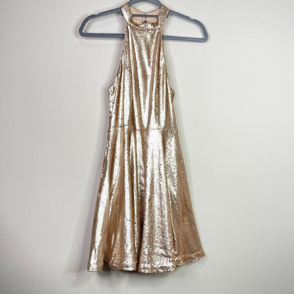 New Lulus Under the Spotlight Champagne Sequin Backless Skater Dress Size Small - Picture 10 of 10